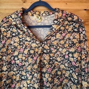 70s John Abbott Tunic Wide Pointy Collar, Low Pockets Floral Size Large VTG
